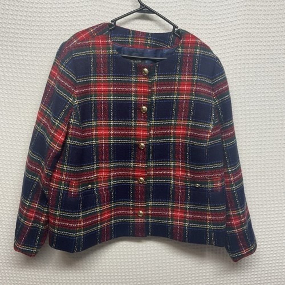 NWT Talbots Plus Red/Blue/Green Glee Plaid Tweed Blazer Jacket Women 20W Indones